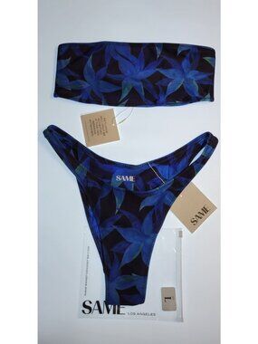 SAME Bikini Set M Women Blue Floral Strapless Bandeau Top High Cut Bottom NWT